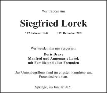 Traueranzeige von Siegfried Lorek von Neue Deister-Zeitung