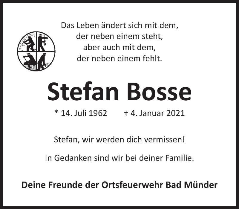  Traueranzeige für Stefan Bosse vom 09.01.2021 aus Neue Deister-Zeitung