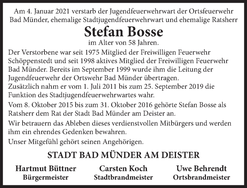  Traueranzeige für Stefan Bosse vom 09.01.2021 aus Neue Deister-Zeitung