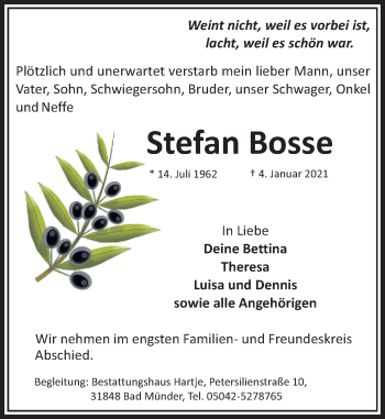 Traueranzeige von Stefan Bosse von Neue Deister-Zeitung