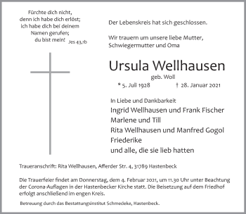 Traueranzeige von Ursula Wellhausen von Deister- und Weserzeitung