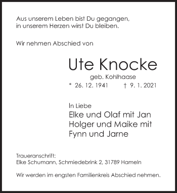 Traueranzeige von Ute Knocke von Deister- und Weserzeitung