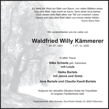 Traueranzeige von Waldfried Willy Kämmerer von Deister- und Weserzeitung