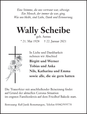 Traueranzeige von Wally Scheibe von Neue Deister-Zeitung