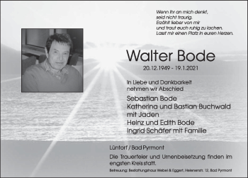 Traueranzeige von Walter Bode von Deister- und Weserzeitung