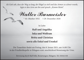Traueranzeige von Walter Burmeister von Neue Deister-Zeitung
