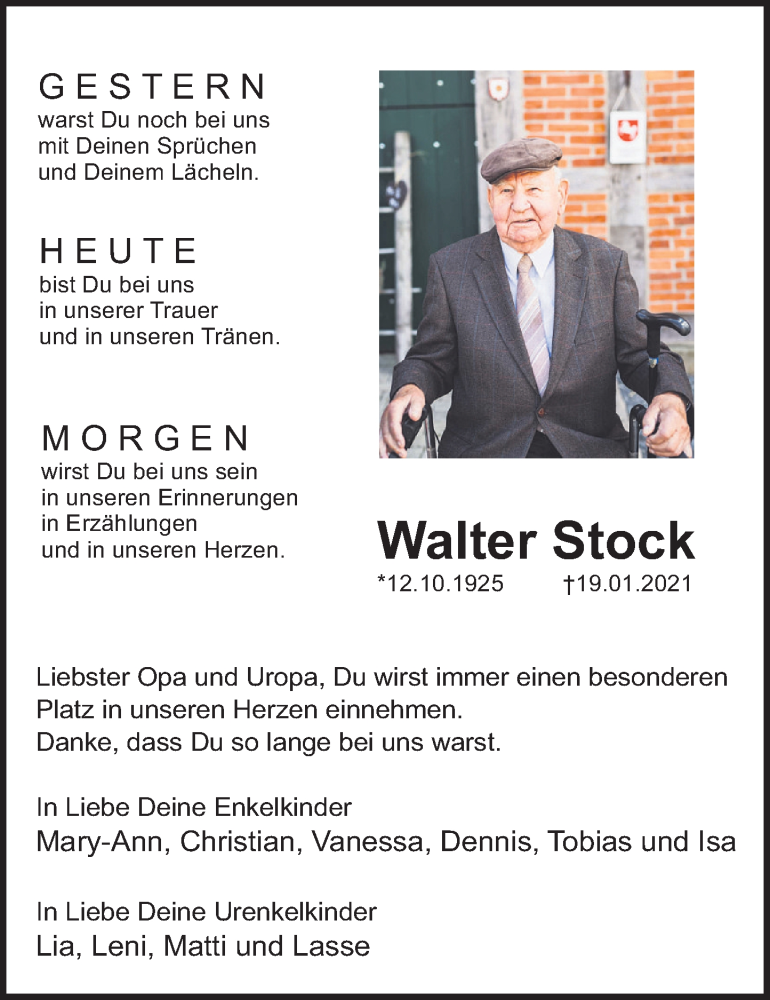  Traueranzeige für Walter Stock vom 23.01.2021 aus Deister- und Weserzeitung