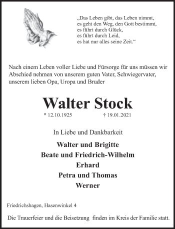 Traueranzeige von Walter Stock von Deister- und Weserzeitung