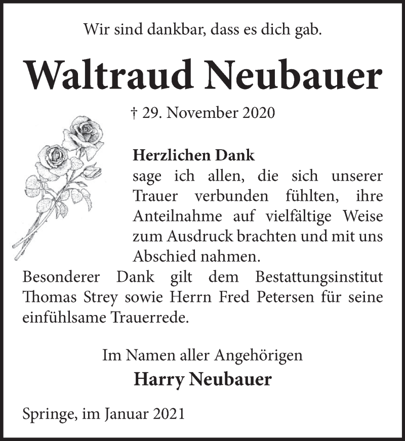  Traueranzeige für Waltraud Neubauer vom 23.01.2021 aus Neue Deister-Zeitung