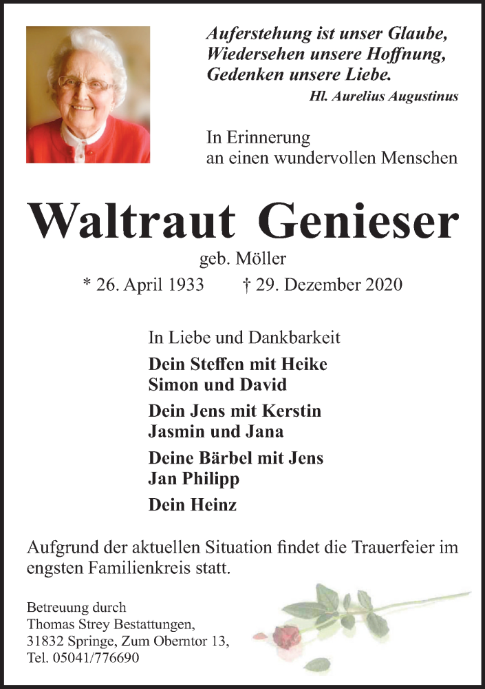  Traueranzeige für Waltraut Genieser vom 16.01.2021 aus Neue Deister-Zeitung