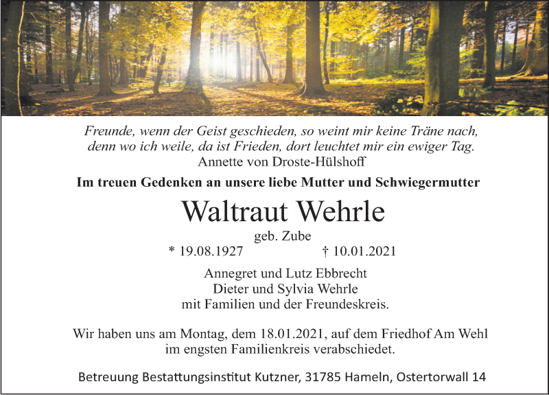  Traueranzeige für Waltraut Wehrle vom 23.01.2021 aus Deister- und Weserzeitung