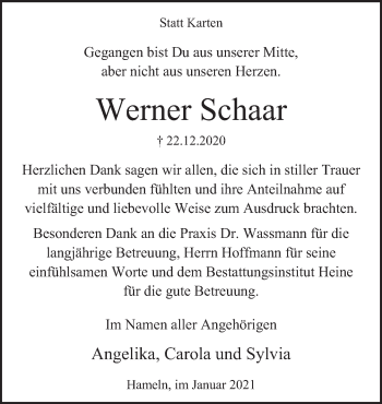 Traueranzeige von Werner Schaar von Deister- und Weserzeitung