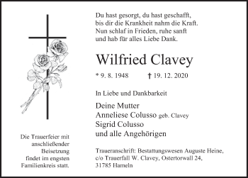 Traueranzeige von Wilfried Clavey von Deister- und Weserzeitung