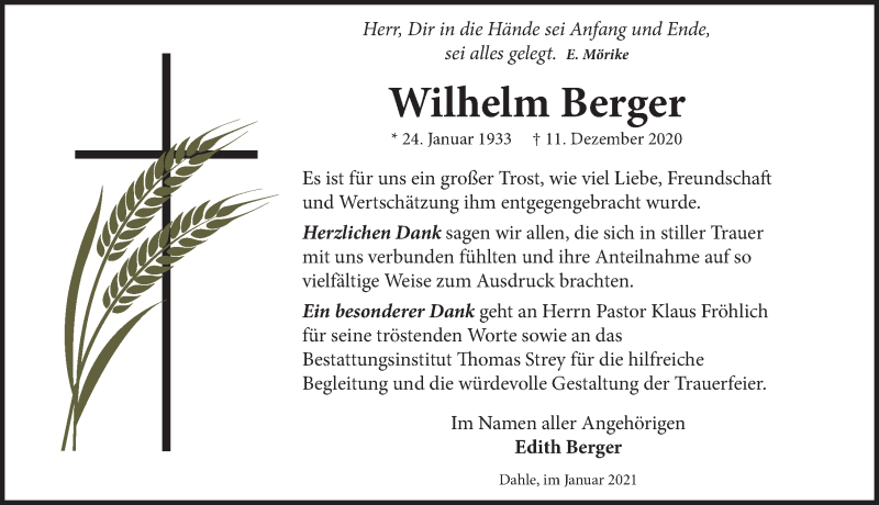 Traueranzeige für Wilhelm Berger vom 23.01.2021 aus Neue Deister-Zeitung