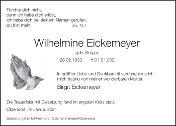 Traueranzeige von Wilhelmine Eickemeyer von Deister- und Weserzeitung