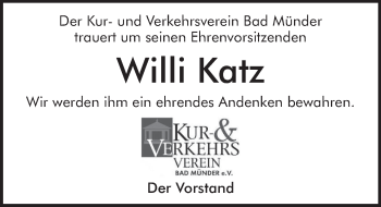 Traueranzeige von Willi Katz von Neue Deister-Zeitung