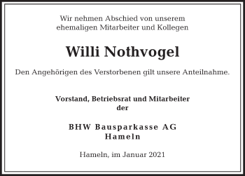 Traueranzeige von Willi Nothvogel von Deister- und Weserzeitung