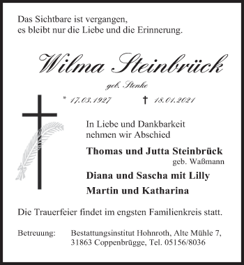 Traueranzeige von Wilma Steinbrück von Deister- und Weserzeitung