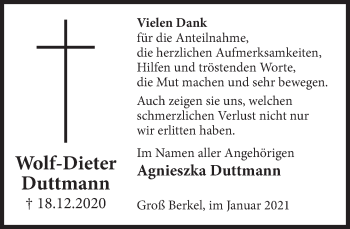 Traueranzeige von Wolf-Dieter Duttmann von Deister- und Weserzeitung