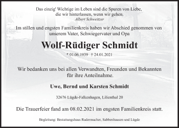 Traueranzeige von Wolf-Rüdiger Schmidt von Deister- und Weserzeitung