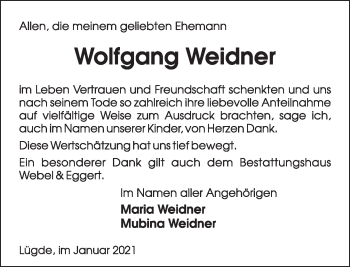 Traueranzeige von Wolfgang Weidner von Deister- und Weserzeitung