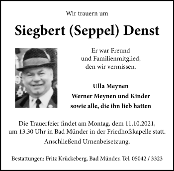 Traueranzeige von Siegbert Denst von Neue Deister-Zeitung 