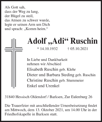 Traueranzeige von Adolf Ruschin von Deister- und Weserzeitung