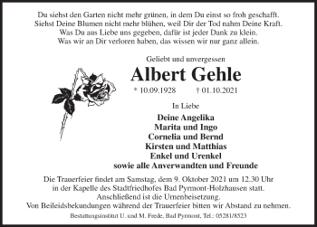 Traueranzeige von Albert Gehle von Deister- und Weserzeitung
