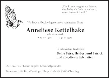 Traueranzeige von Anneliese Kettelhake von Deister- und Weserzeitung