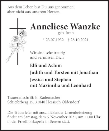 Traueranzeige von Anneliese Wanzke von Deister- und Weserzeitung