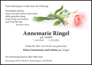 Traueranzeige von Annemarie Ringel von Deister- und Weserzeitung