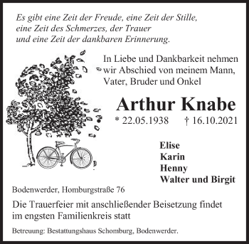Traueranzeige von Arthur Knabe von Deister- und Weserzeitung