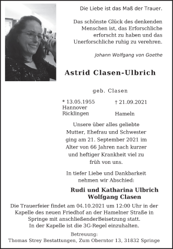 Traueranzeige von Astrid Clasen-Ulbrich von Neue Deister-Zeitung