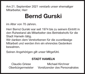 Traueranzeige von Bernd Gurski von Deister- und Weserzeitung
