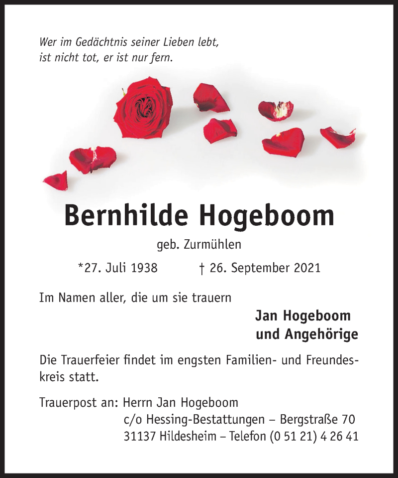 Traueranzeige für Bernhilde Hogeboom vom 02.10.2021 aus Deister- und Weserzeitung