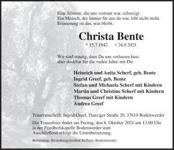 Traueranzeige von Christa Bente von Deister- und Weserzeitung
