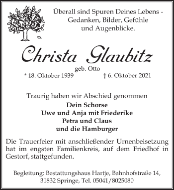 Traueranzeige von Christa Glaubitz von Neue Deister-Zeitung