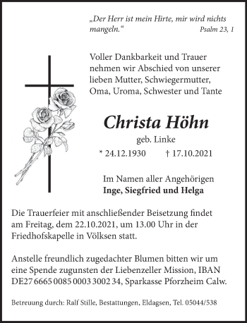 Traueranzeige von Christa Höhn von Neue Deister-Zeitung