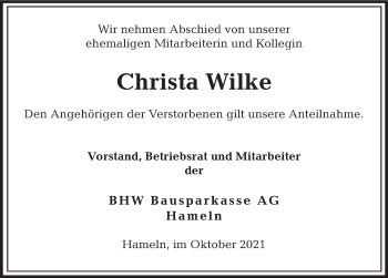 Traueranzeige von Christa Wilke von Deister- und Weserzeitung