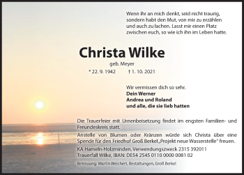Traueranzeige von Christa Wilke von Deister- und Weserzeitung