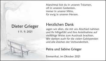 Traueranzeige von Dieter Grieger von Deister- und Weserzeitung