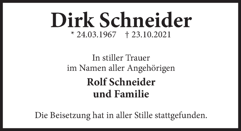  Traueranzeige für Dirk Schneider vom 30.10.2021 aus Deister- und Weserzeitung