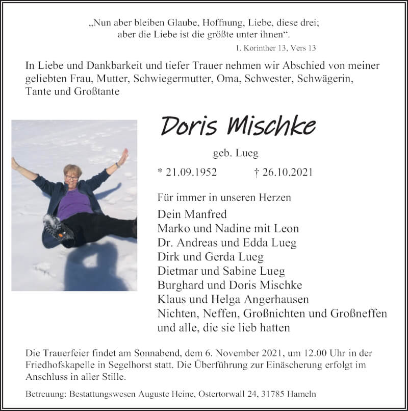  Traueranzeige für Doris Mischke vom 30.10.2021 aus Deister- und Weserzeitung
