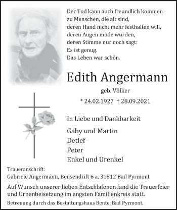 Traueranzeige von Edith Angermann von Deister- und Weserzeitung
