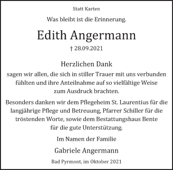 Traueranzeige von Edith Angermann von Deister- und Weserzeitung