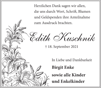 Traueranzeige von Edith Kuschnick von Neue Deister-Zeitung