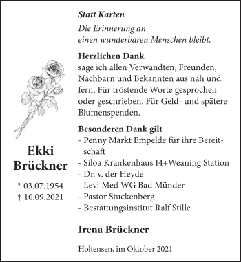 Traueranzeige von Ekki Brückner von Neue Deister-Zeitung