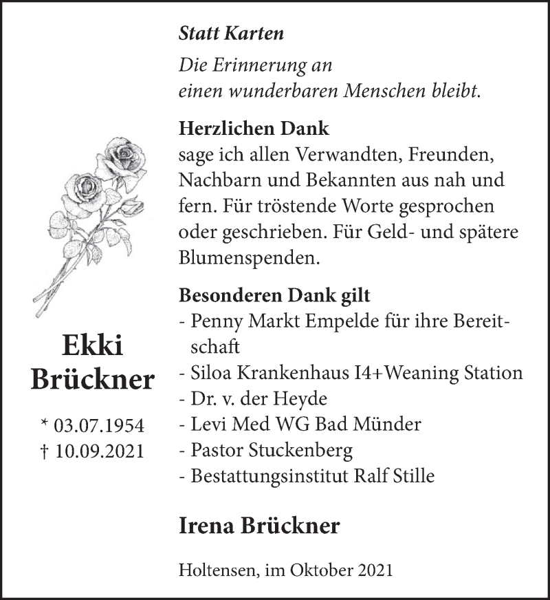  Traueranzeige für Ekki Brückner vom 09.10.2021 aus Neue Deister-Zeitung