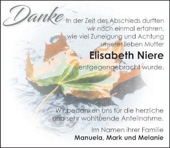 Traueranzeige von Elisabeth Niere von Deister- und Weserzeitung