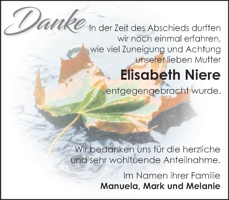  Traueranzeige für Elisabeth Niere vom 16.10.2021 aus Deister- und Weserzeitung